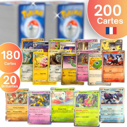Lot de 200 Cartes Pokémon Officielles en Français - 20 Cartes Brillantes Incluses - 180 Cartes Communes et Peu Communes - Cartes Authentiques - Lot Aléatoire pour Collection et Cadeau