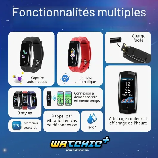 Watchic Plus Édition Exclusive Officielle – Montre Auto Catch + Auto Spin Pokémon Go, Écran Couleur 1.3″, IP67 Étanche, Autonomie 360h, Recharge USB‑C, Porte‑clés Inclus AMCA096 WA2 BLK K
