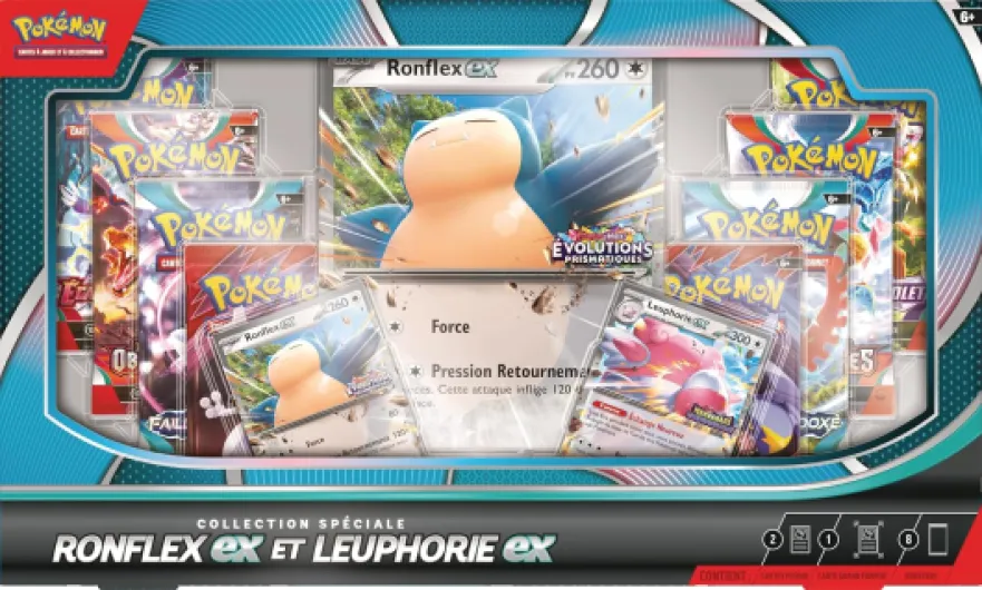: Collection spéciale Ronflex-ex et Leuphorie-ex du JCCPokémon (2Cartes Promo Brillantes, 1Carte Grand Format Brillante et 8boosters)