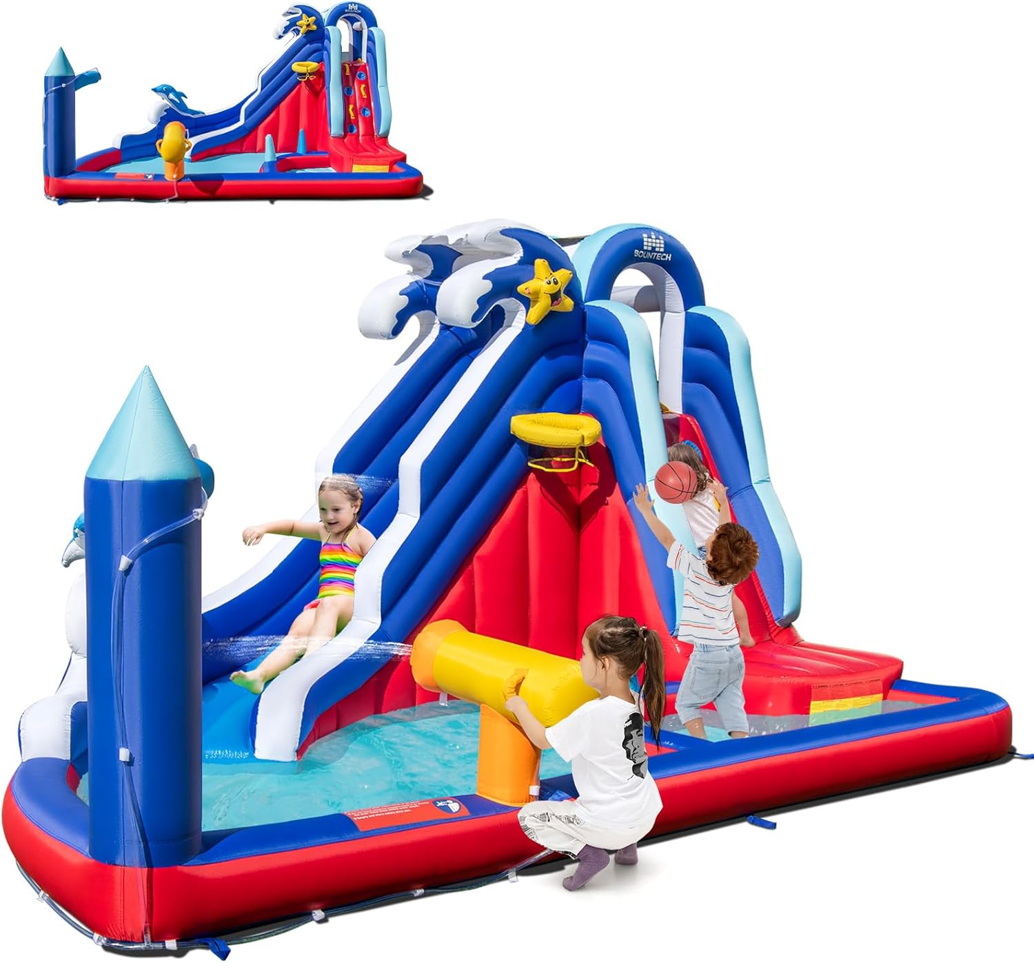 6 en 1 Château Gonflable en Forme Dauphin avec Toboggan & Mur d’Escalade, Aire de Jeux Gonflable avec Piscine & Canon à Eau, Charge 90kg pour 2 Enfants de 3-10 Ans, 413x300x235CM sans souffleur