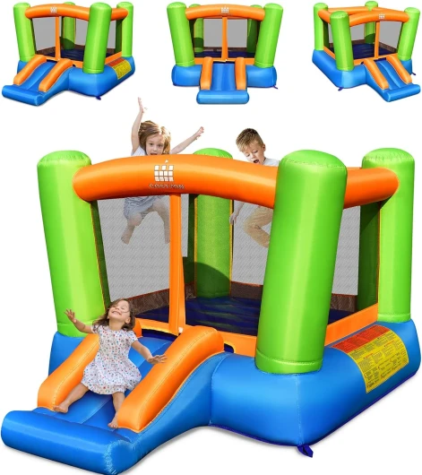 2 en 1 Château Gonflable en Forme de Colonne avec Toboggan Large, Parc Gonflable Enfants avec Zone de Saut, Trampoline Intérieur Extérieur de 3-10 Ans, 250 x 197 x 143 cm (sans Gonfleur) Pilier Vert 2 en 1